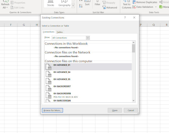 microsoft excel exisitng connection box